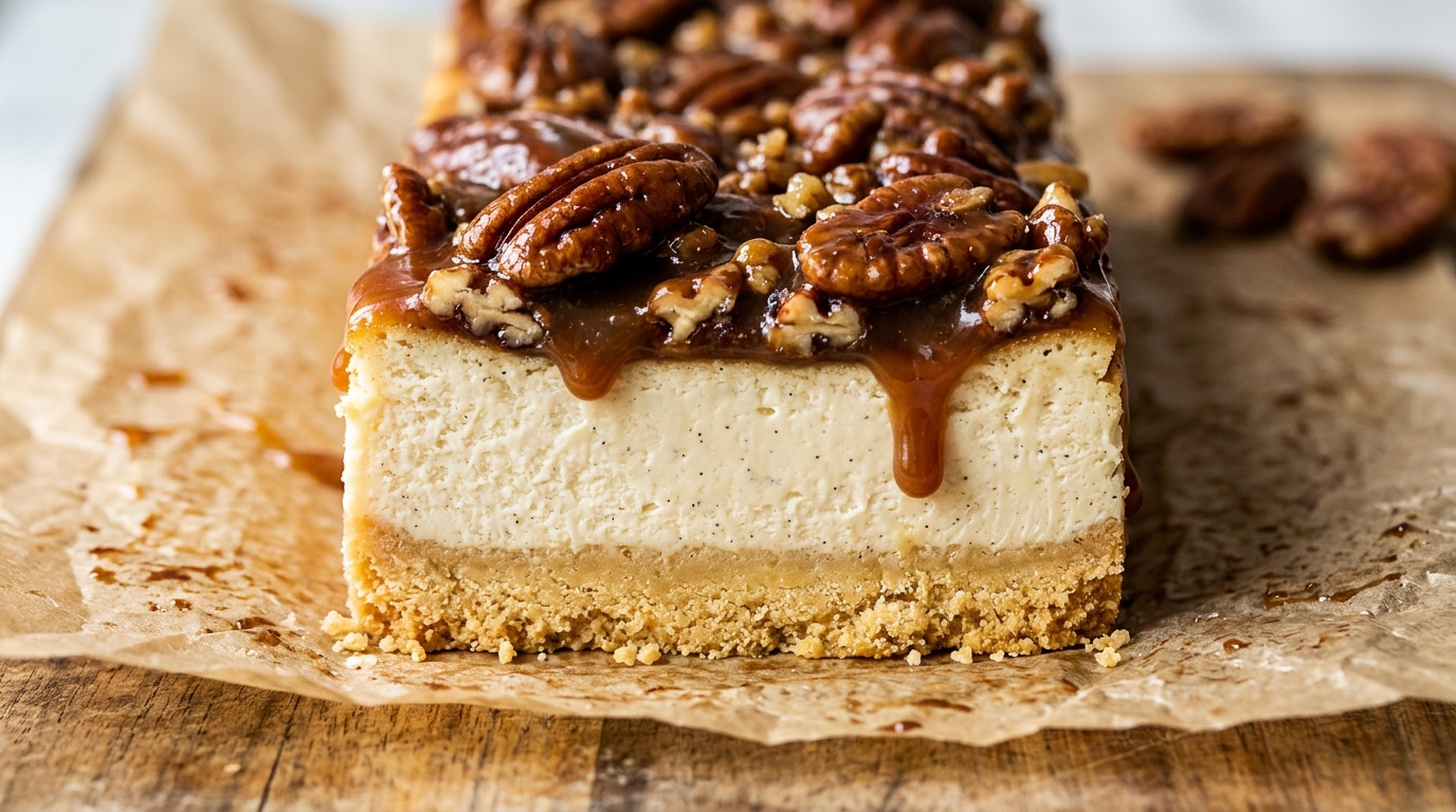 Ultra close-up macro of sliced pecan pie cheesecake bar with golden shortbread crust, rich vanilla cheesecake, and glossy dripping gooey caramel pecans