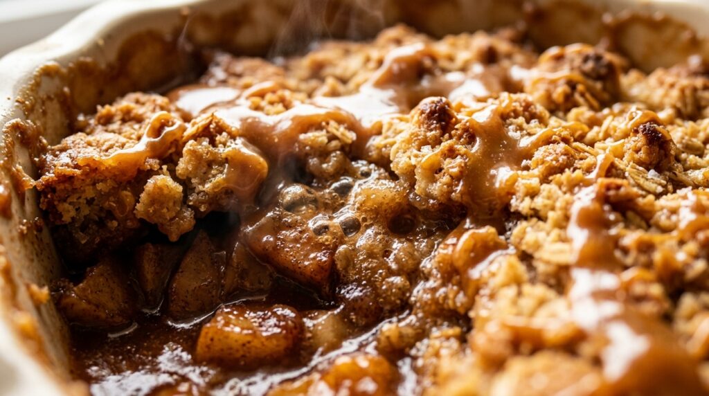 Ultra close-up macro of warm caramel apple dump cake with bubbling spiced apples, golden buttery crisp crumble, and salted caramel