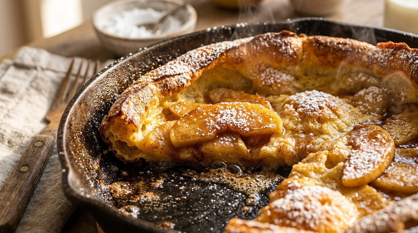 Ultra close-up macro of Cinnamon Apple Dutch Baby pancake in cast iron skillet with caramelized apples, powdered sugar, and golden puffed edges