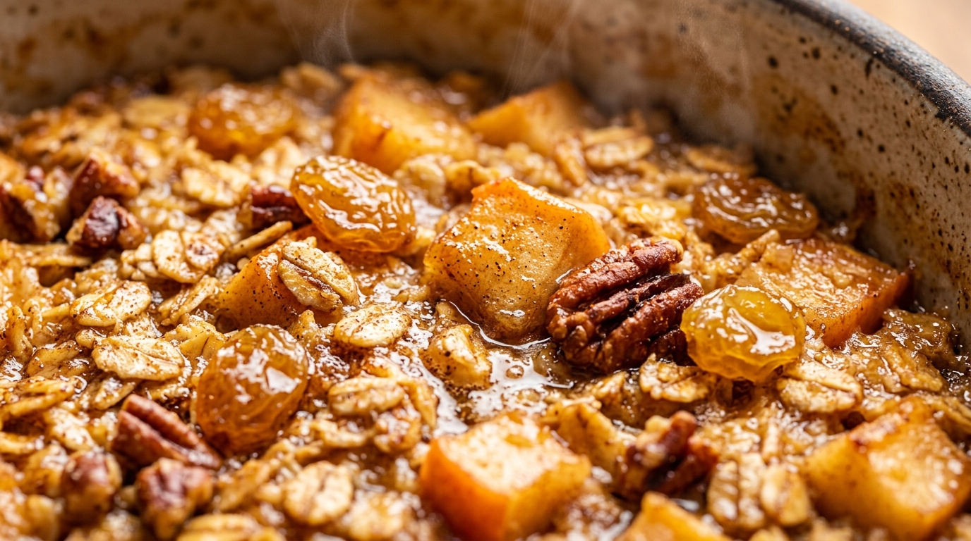 Ultra close-up macro of warm spiced apple cinnamon baked oatmeal in ceramic dish with toasted pecans