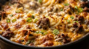 Loaded Hashbrown Breakfast Casserole with bubbling cheddar cheese and sausage