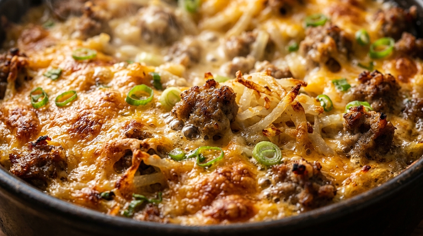 Ultra close-up macro of bubbling golden loaded hashbrown breakfast casserole with melted cheddar cheese and browned sausage