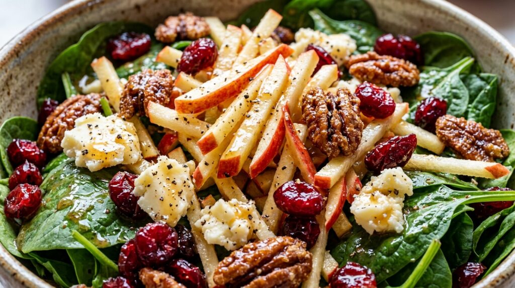 Ultra close-up macro of autumn apple pecan harvest salad with crisp Honeycrisp apples, candied pecans, cheddar, and maple dijon vinaigrette
