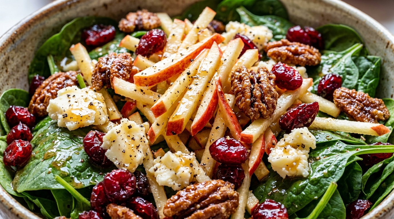 Ultra close-up macro of autumn apple pecan harvest salad with crisp Honeycrisp apples, candied pecans, cheddar, and maple dijon vinaigrette