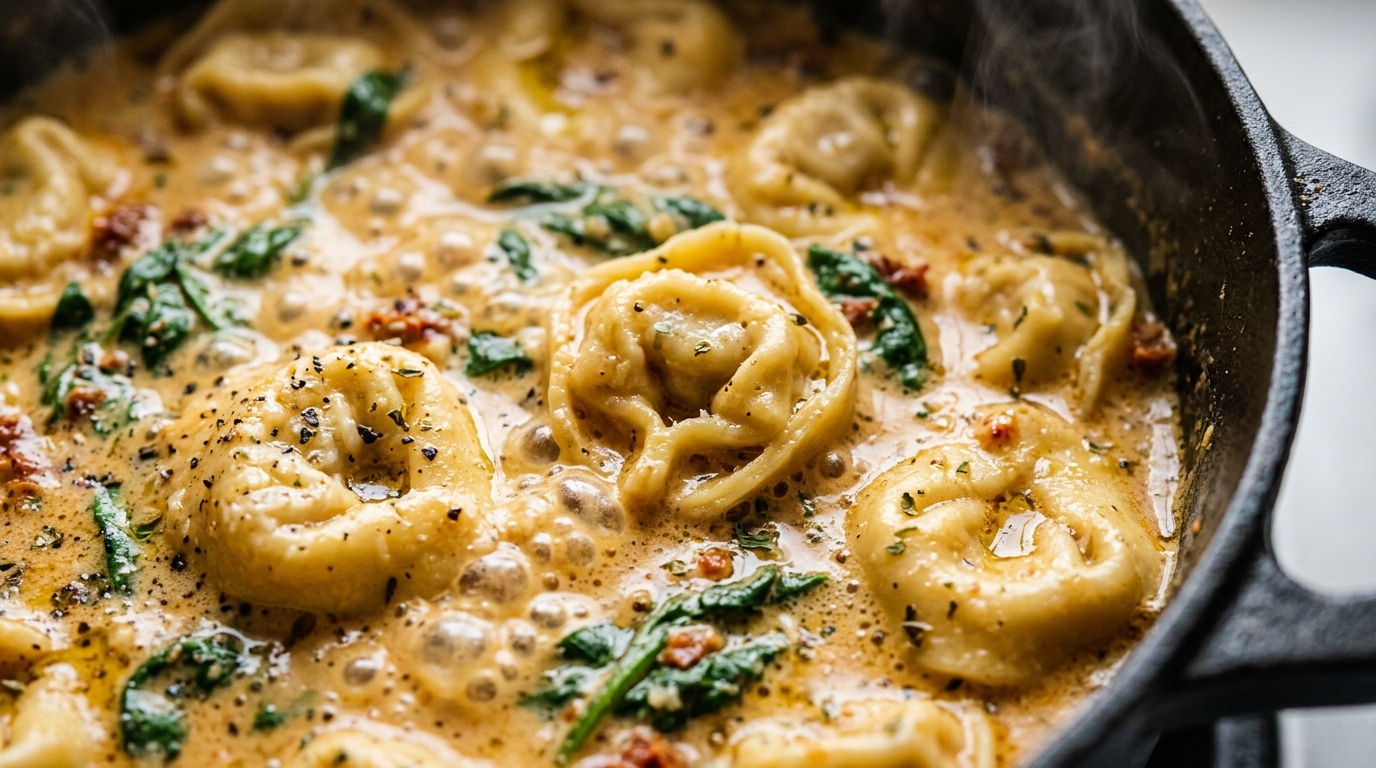 Ultra close-up macro of creamy Tuscan garlic tortellini soup simmering in Dutch oven with baby spinach and sun-dried tomatoes