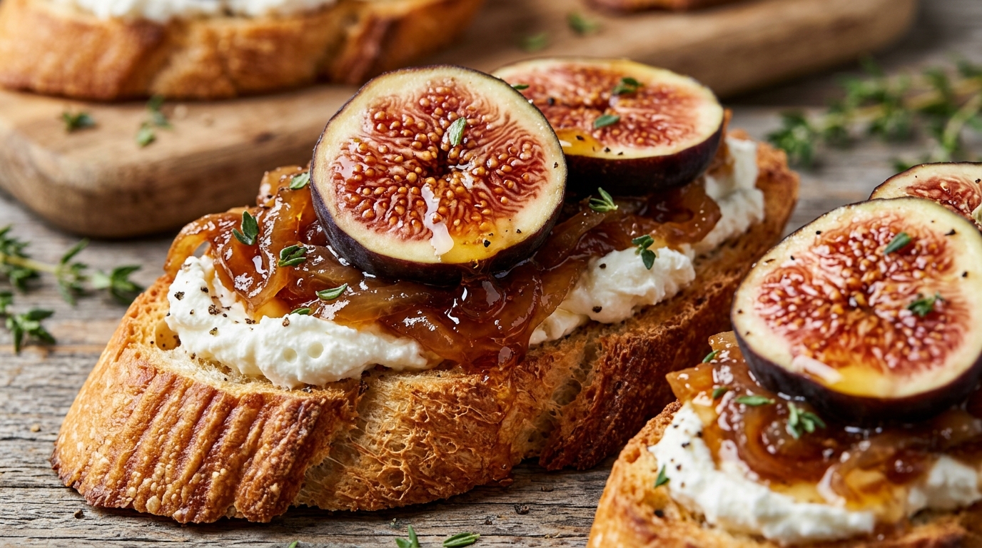 Ultra close-up macro of toasted crostini topped with whipped goat cheese caramelized onions fresh figs and honey
