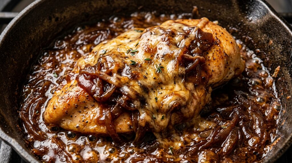 Ultra close-up macro of sizzling French onion chicken with caramelized onions, rich thyme beef jus, and melted bubbly Gruyere cheese