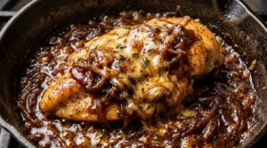 Ultra close-up macro of sizzling French onion chicken with caramelized onions, rich thyme beef jus, and melted bubbly Gruyere cheese