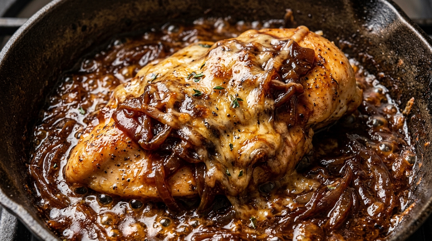 Ultra close-up macro of sizzling French onion chicken cutlets smothered in caramelized onions and bubbling melted Gruyere cheese