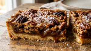 Ultra close-up macro of sliced salted maple pecan pie bars with bubbling amber caramel and flaky sea salt