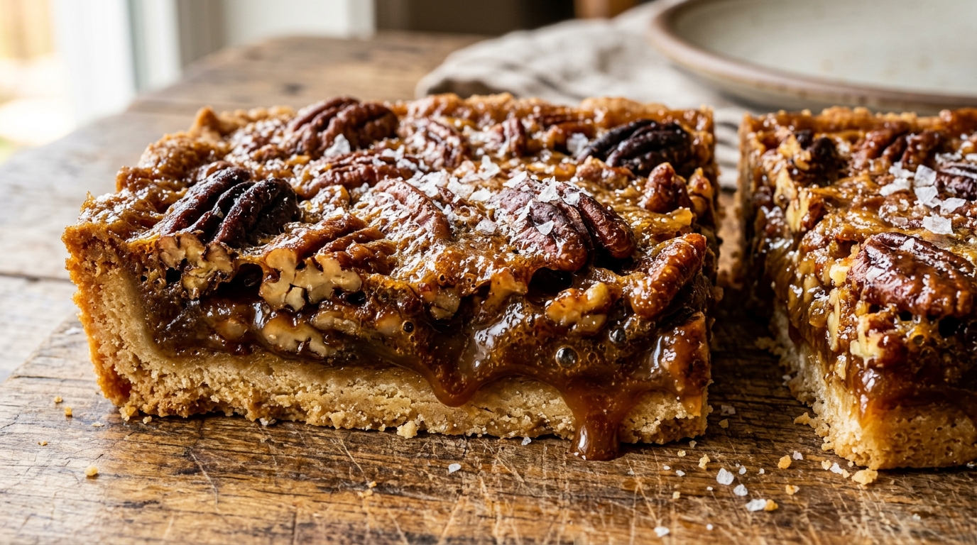 Ultra close-up macro of sliced salted maple pecan pie bars with bubbling amber caramel and flaky sea salt