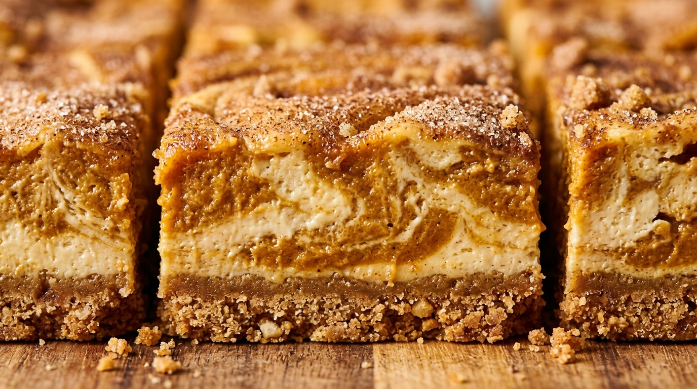Ultra close-up macro of sliced spiced pumpkin cheesecake swirl bars on graham cracker crust
