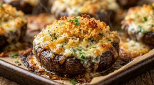 Ultra close-up macro of golden bubbling garlic herb cream cheese stuffed mushrooms with crispy panko crust