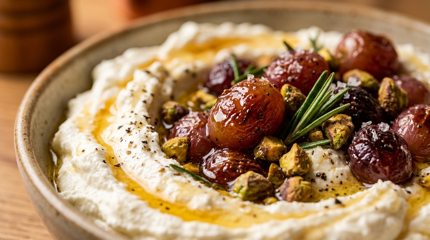 Ultra close-up macro of Whipped Honey Feta Dip with warm blistered red roasted grapes, crushed pistachios, fresh rosemary, and golden honey drizzle